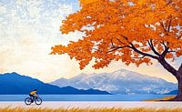Cyclist under Autumn Tree with Mountain View
