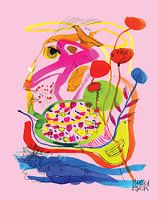 un jour de jardin parfait, art coloré sur fond rose