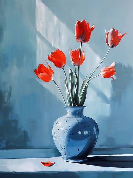 Blue Vase with Red Tulips: A Minimalist Still Life by Roger VDB