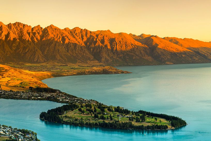 View over Queenstown and Lake Wakatip at sunset, New Zealand by Markus Lange