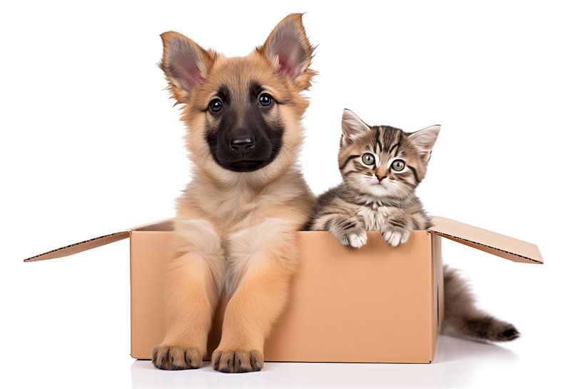 Small shepherd dog and baby cat in a cardboard box on white by Animaflora PicsStock