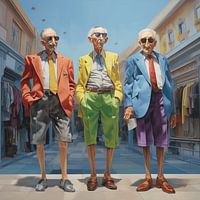 drei ältere Männer Sonnenbrillen Shopping up to date zufrieden