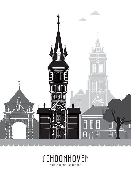 Skyline-Illustration Schoonhoven in schwarz-weiß-grau von Mevrouw Emmer