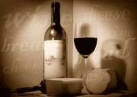 Still life with wine bottle bread and cheese