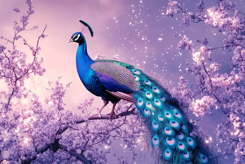 Schöner Pfau unter blühenden Zweigen von Poster Art Shop