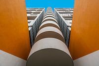 Looking up round stairs on the outside of a building