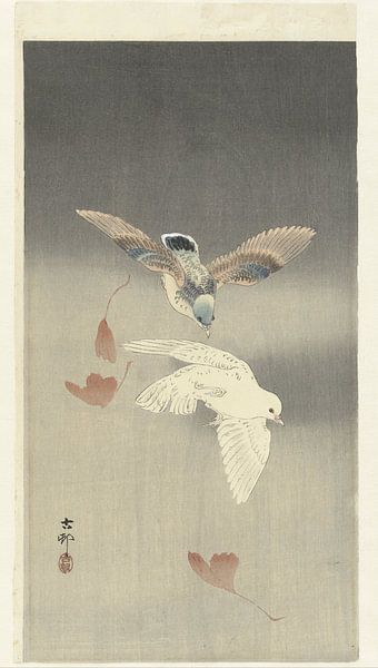 Zwei Tauben in der Nähe fallender Ginkgoblätter, Ohara Koson von Creative Masters Old Masters