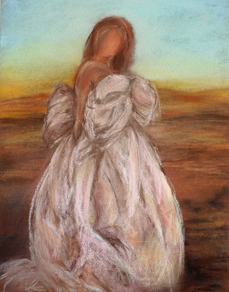 Femme dans la lumière du soir. Peint à la main au pastel par Ineke de Rijk