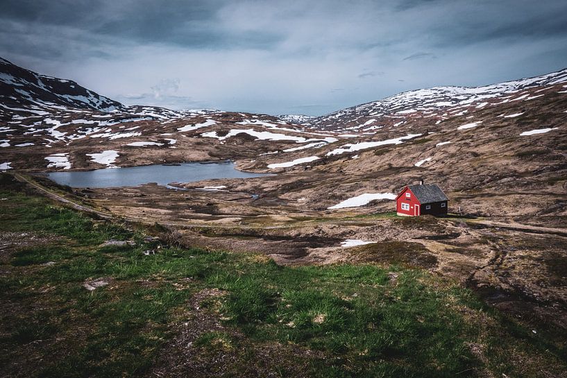 Rotes Haus in der Landschaft von Norwegen von Jayzon Photo