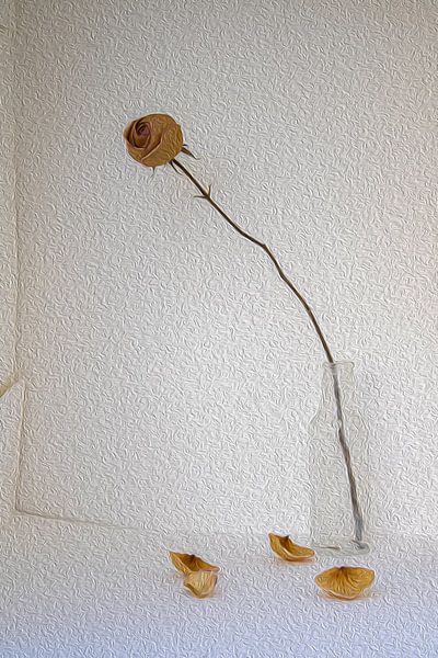 Still life with brown rose in glass bottle by Susan Hol