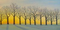 Rangée d'arbres en hiver avec le soleil levant. Peinture acrylique de Marlies Huijzer.