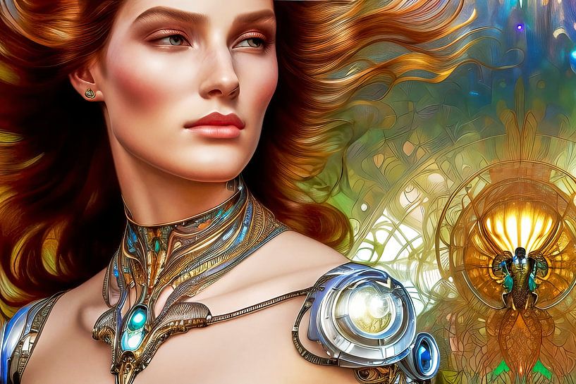 Elegant woman with red hair and filigree jewellery by Frank Heinz