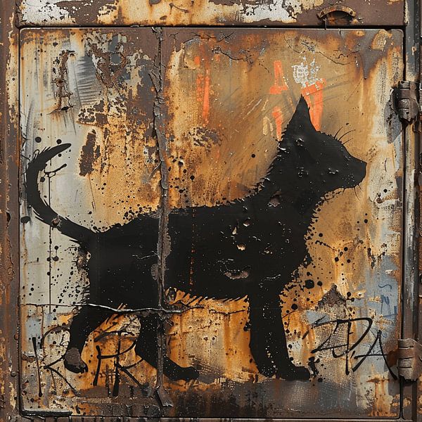 Graffiti cat black silhouette rust metal urban side by gm_designs
