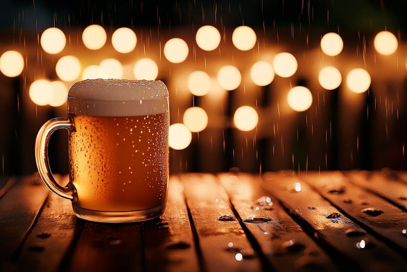 Glass of beer in the rain with lights by Poster Art Shop