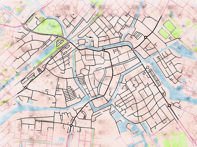 Kaart van Sneek centrum in de stijl 'Soothing Spring' van Maporia