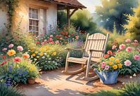 Bauerngarten mit Blumen und Schaukelstuhl