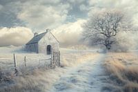 Winter, Landschaft mit einem kleinen Steinhaus und einem großen Baum - 