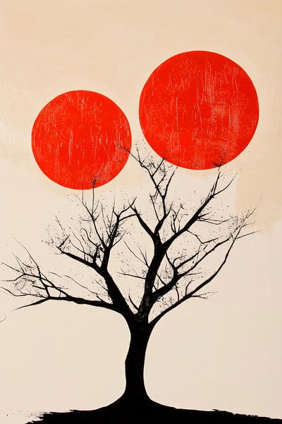 Arbre avec des soleils rouges - Graphisme minimaliste par Poster Art Shop