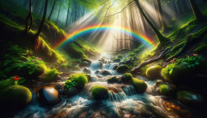 Pont arc-en-ciel au-dessus d'un ruisseau enchanteur par artefacti