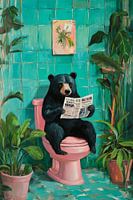 Bear reads newspaper in the bathroom