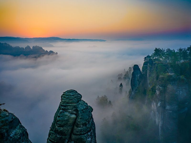 Sunrise and fog in Saxon Switzerland by t.ART