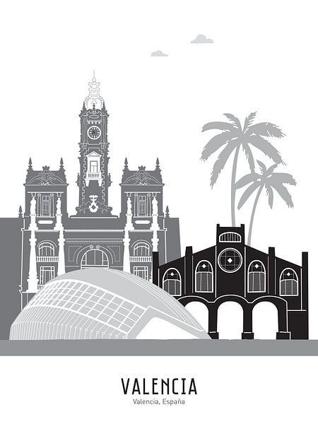 Skyline-Illustration der Stadt Valencia, Spanien, in schwarz-weiß-grau von Mevrouw Emmer