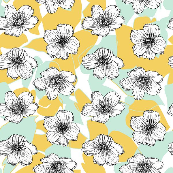 Blumen im Retro-Stil. Moderne abstrakte botanische Kunst. Pastellfarben gelb und mintgrün von Dina Dankers