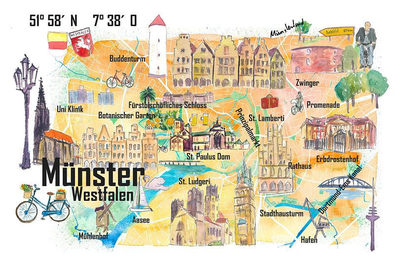 Carte d'illustration de Münster-Westphalie avec les rues et les points forts touristiques par Markus Bleichner