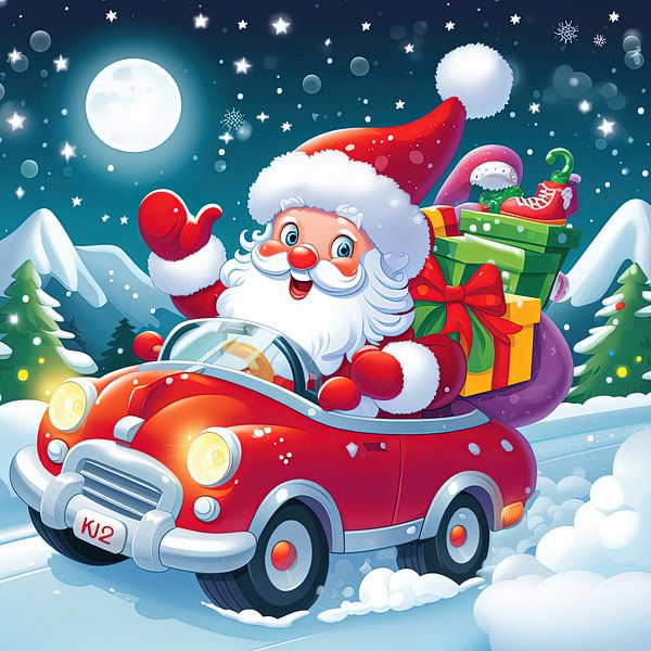 Weihnachtsmann in einem Auto voll mit Weihnachtsgeschenken Illustration von Laly Laura