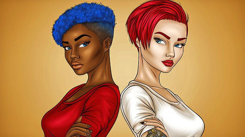 Femmes aux cheveux vivants en bleu et rouge par Frank Heinz