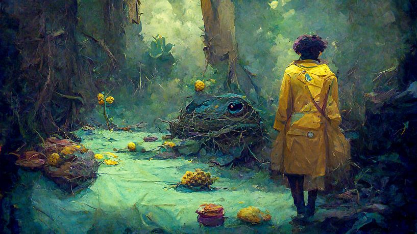 Woman with yellow raincoat in a fairy tale forest by Animaflora PicsStock
