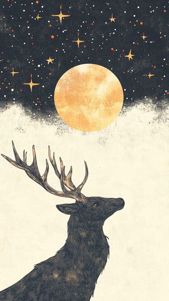 Cerf sous la lune dorée et le ciel étoilé par Eva Lee
