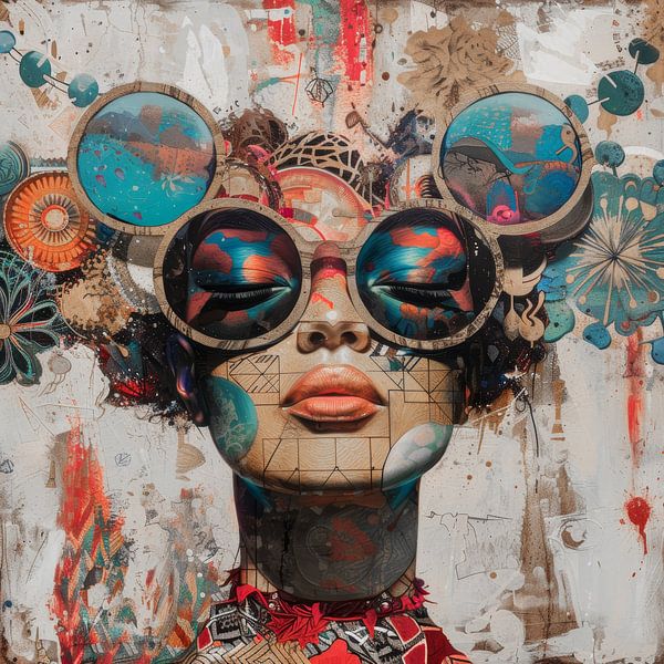 Surreal retro image of a female person on a light background grey by Digitale Schilderijen