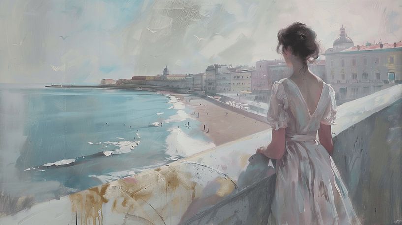 Painting of young woman looking out over sea and promenade by Classic PrintArt