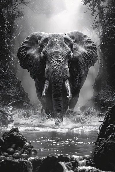 Schwarz-Weiß-Porträt eines Elefanten im Fluss von Art & Soul Creations