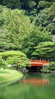 Pont rouge dans un jardin japonais