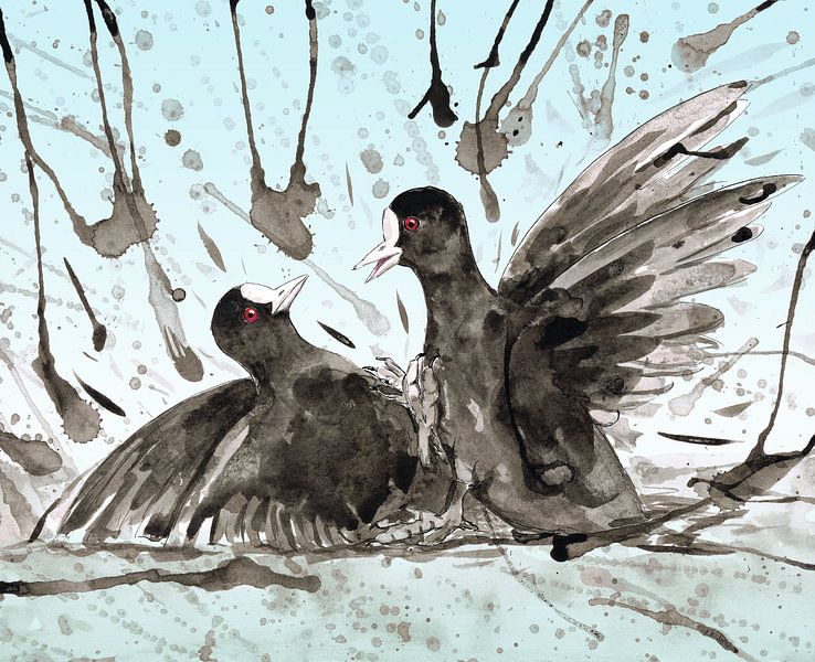 Kämpfende Blässhühner von Bianca Wisseloo