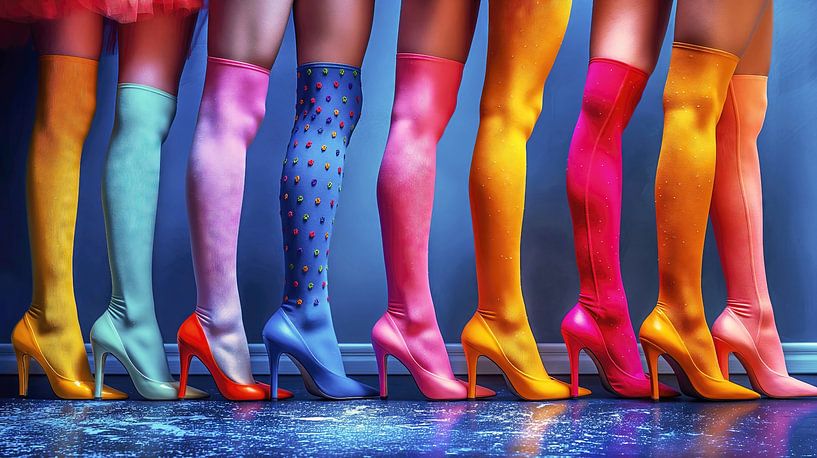 Women's legs in colourful stockings and high heels by Frank Heinz