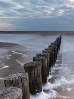 poteaux dans la mer sur Ameland pendant l'heure bleue