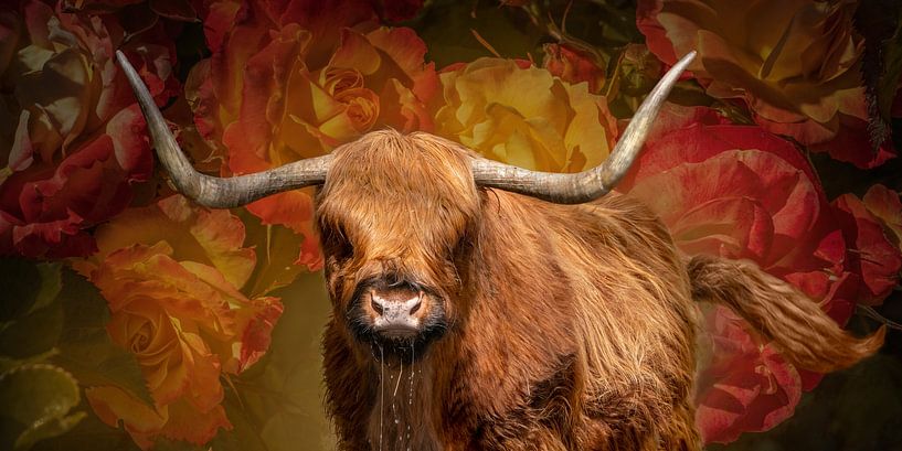 Schottischer Highlander mit Rosen. von Alie Ekkelenkamp