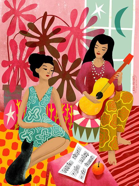 House Music Ladies With Guitar And Cat par uta krogmann