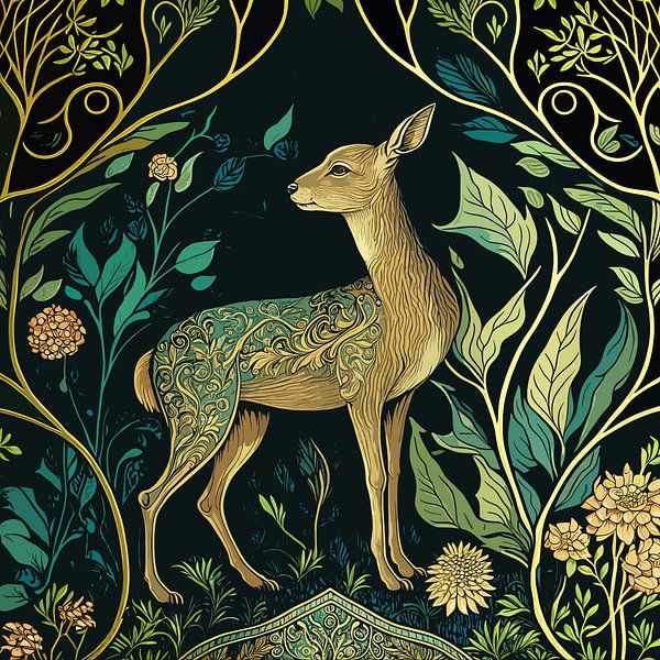 Illustration d'un cerf dans une forêt par Vlindertuin-Art