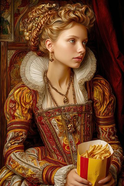 Noble femme avec des frites - Peinture humoristique par Dessins et peintures de Peter Pen