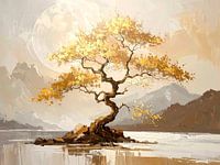 Atmospheric Japanese landscape with blossom in gold