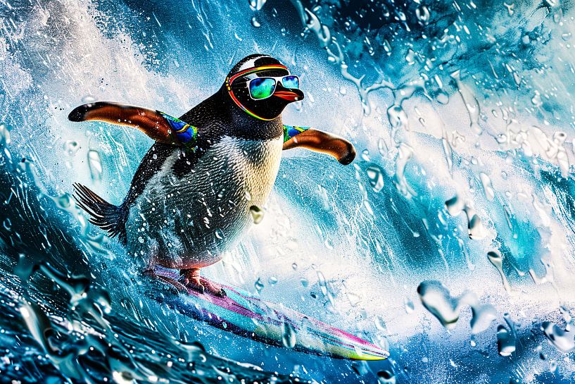 Surrealer Pinguin auf Surfbrett von Imperial Art House
