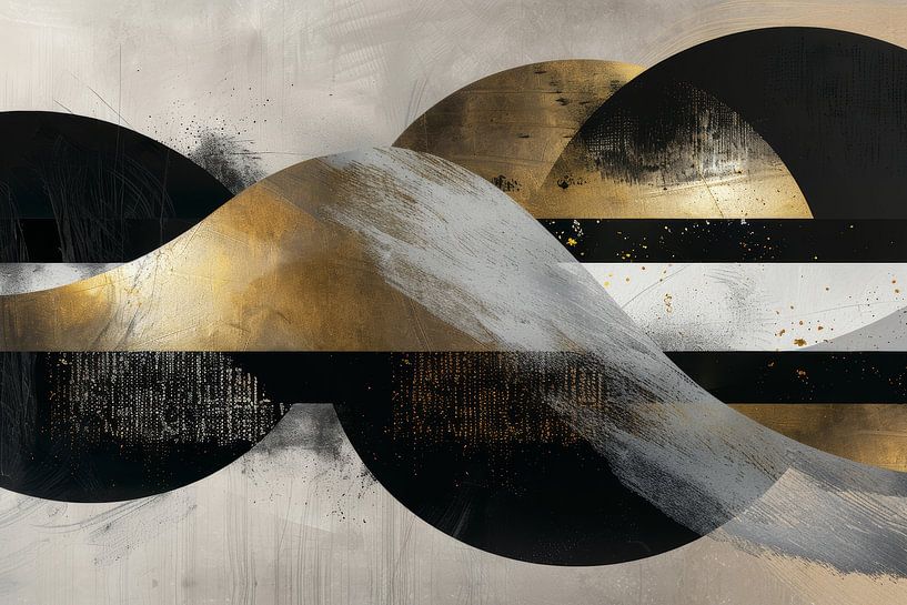 Magical abstract mix of circles and waves in gold, black and grey by Digitale Schilderijen