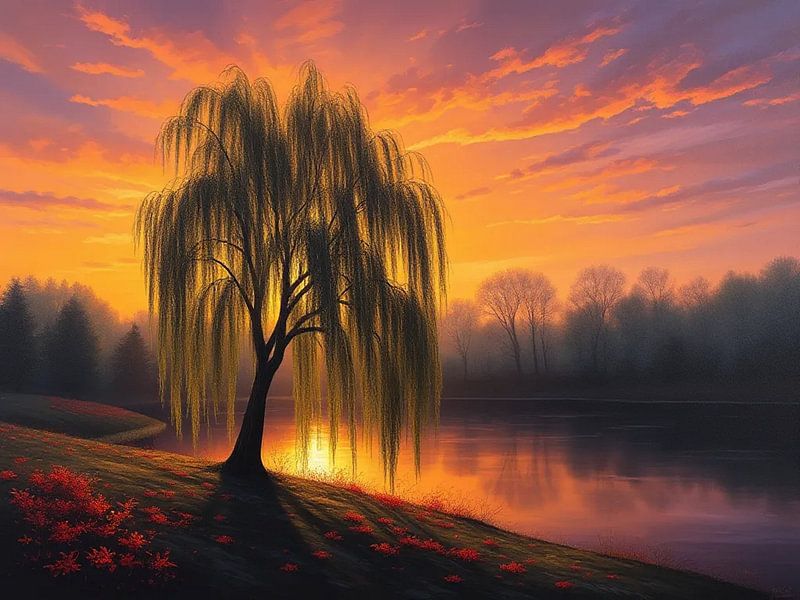 Verzauberte Sonnenuntergangsweide: Eine heitere Seelandschaft mit goldenen Farbtönen von Artistic