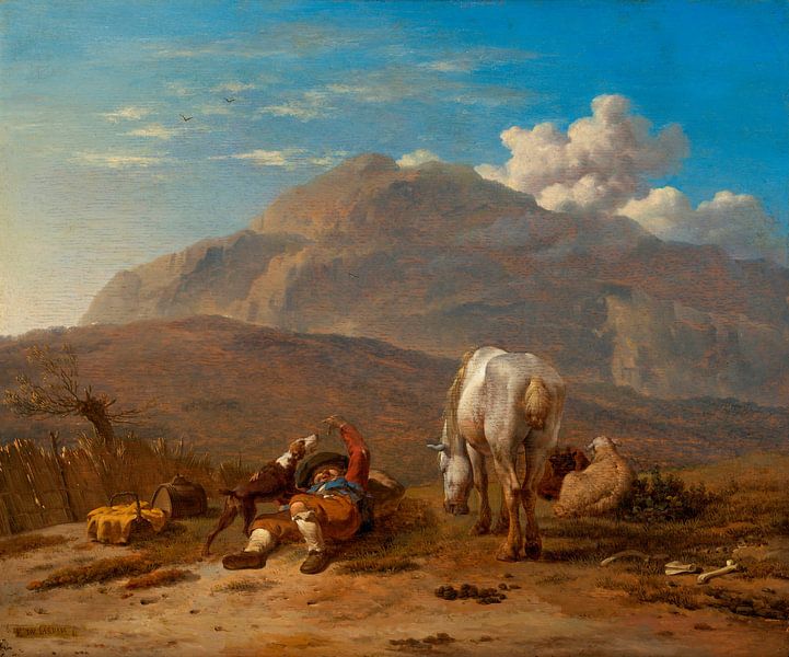 Paysage italien avec un jeune berger, jouant avec son chien, Karel Dujardin par Des maîtres magistraux