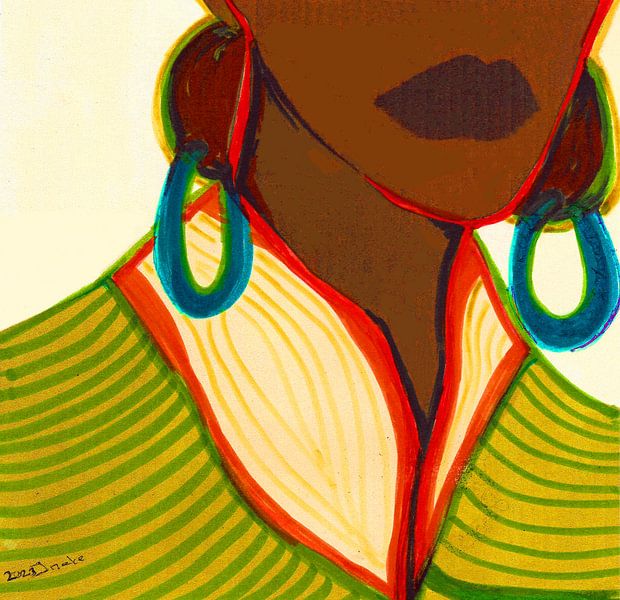 Abstraktes Frauenporträt mit blauen Ohrringen, Mischtechnik von Ineke de Rijk