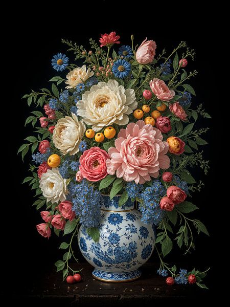 Baroque Still Life: Flower arrangement on Delftware pottery vase by Studio Pieternel